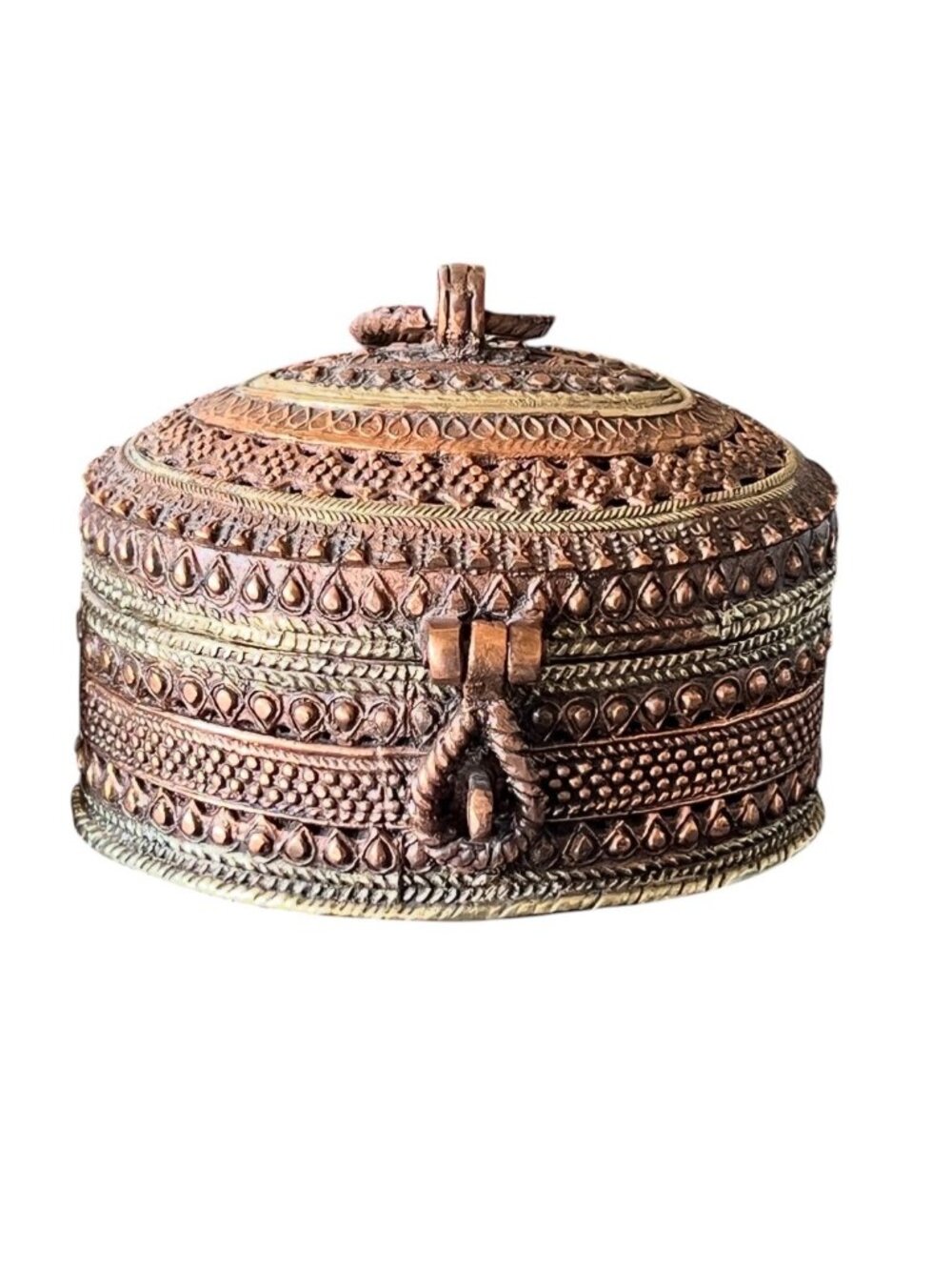 Brass & Copper Hinged Trinket Box Oval 5"x4"x4"T Handcrafted VTG